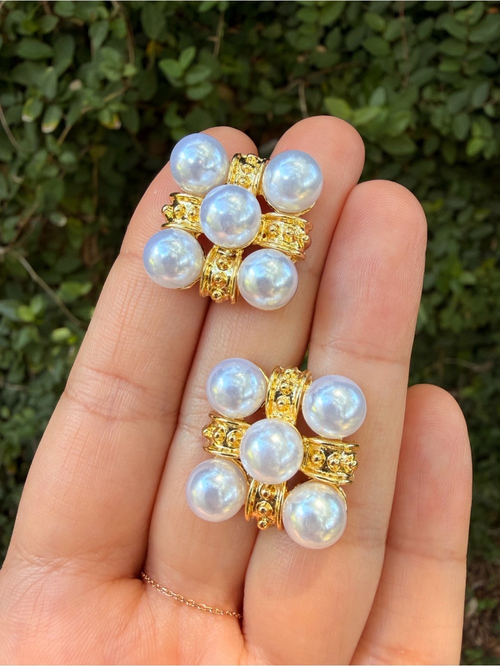 Gold Pearl Cluster Earrings - White Faux Pearls - Picture 3 of 6